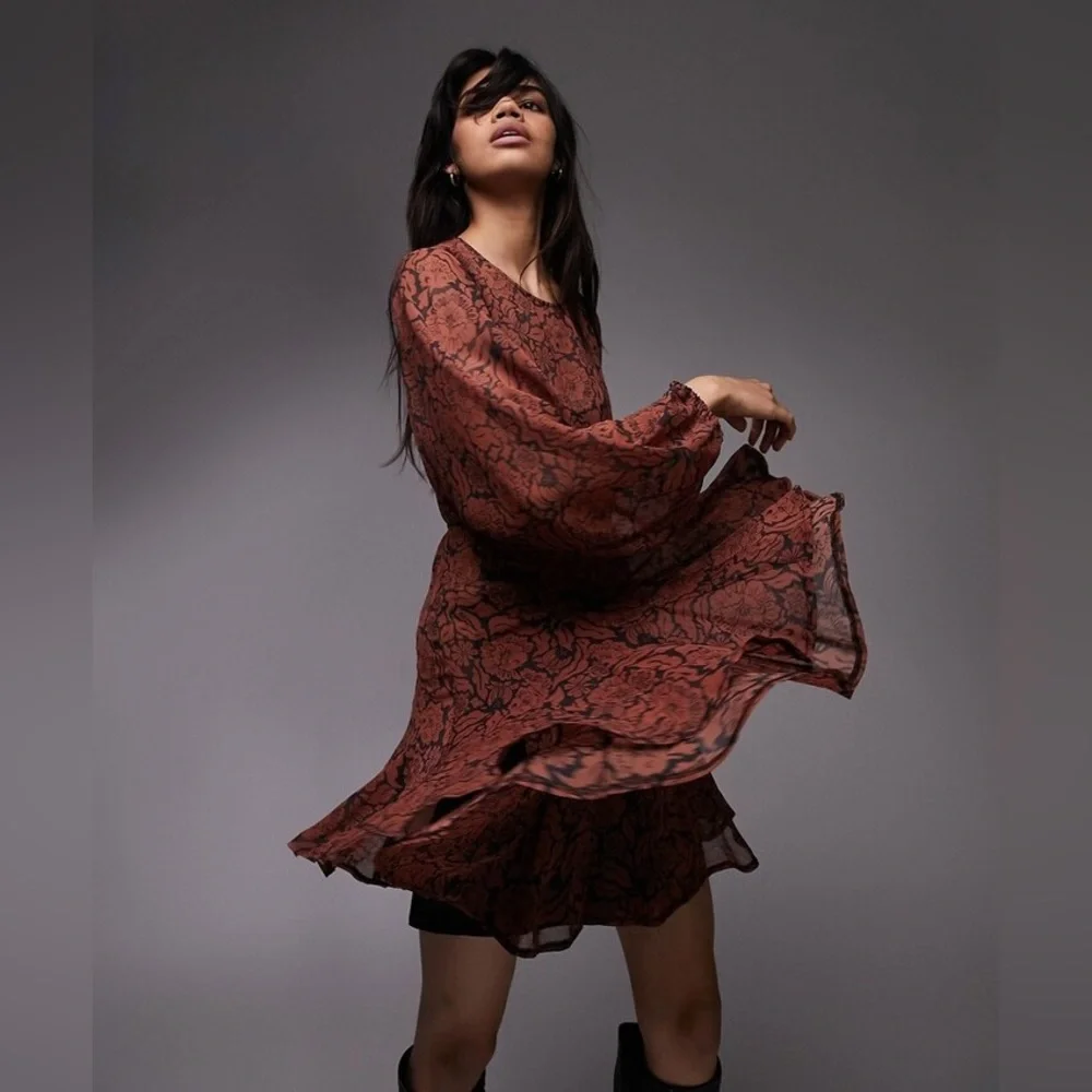 Womens topshop swing paisley floral print chuck on mini dress size 2 retro 70s - Picture 2 of 6